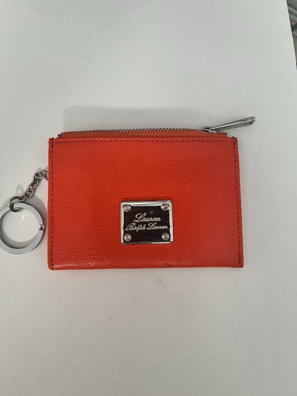 LAUREN By Ralph Lauren Orange Textured Leather Coin Purse Key Chain Zip Wallet